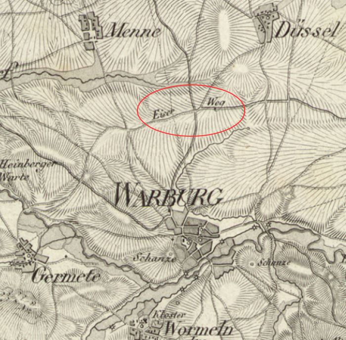 Benennung des Eiserwegs nördlich von Warburg auf der Karte von Le Coq um 1805